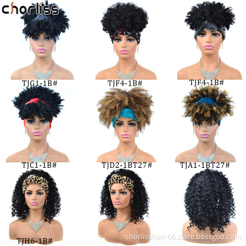 Wholesale Cheap Short Ombre Kinky Curly Fluffy Turban Wigs Wrap Heat Resistant Afro Synthetic Headband Attached Wigs For Women